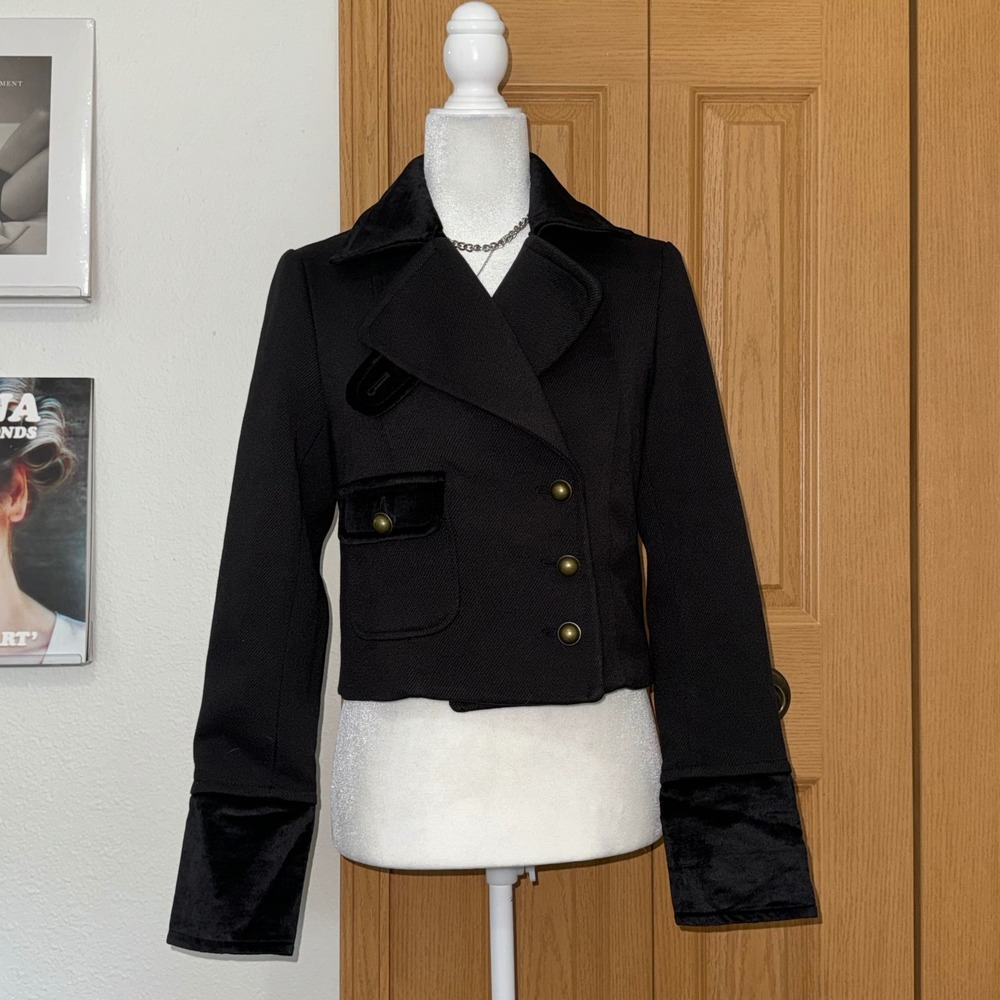 Free People Black Velvet Trim Cropped Military Jacket Brass Buttons XS Boho Twee